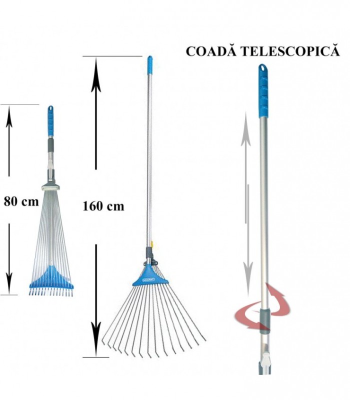 Grebla Pentru Frunze – Gradina – Coada otel –  15 Dinti – Latime Reglabila 30/50 Cm –  125 cm