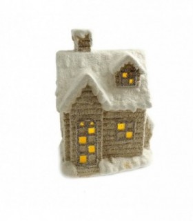 Decoratiune Iarna – Ceramica – Casa Cu Ferestre Luminate – Alb Si Bej – Led – 3xaaa – 25x18x36 Cm