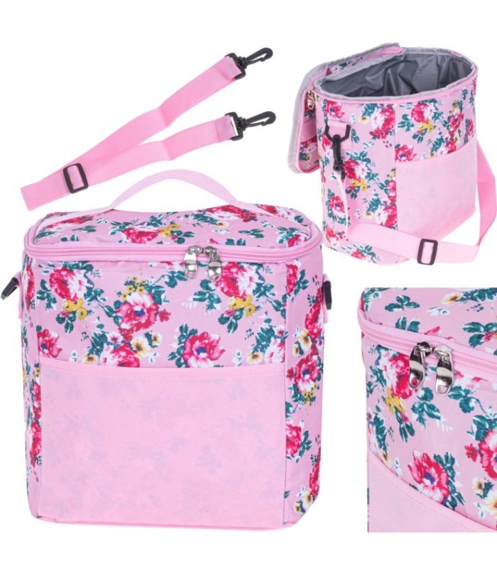 Geanta Termoizolanta Pentru Picnic Sau Plaja – Capacitate 11l – Culoare Roz Cu Flori