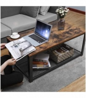 Masuta cafea, Vasagle, cu raft depozitare, dreptunghiulara, pal si metal, maro rustic, 106.2x60.2x45 cm