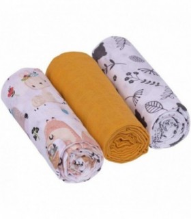 Set 3 scutece din muselina Infantilo Animale Boho/Galben Mustar