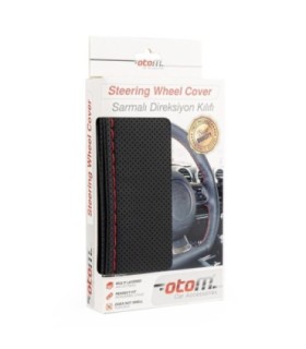 Husa Volan Otom Din Piele Ecologica Perforata Pentru Autoturisme – Diametru Volan 37 - 39 Cm – Cu Ac Si Ata Rosie