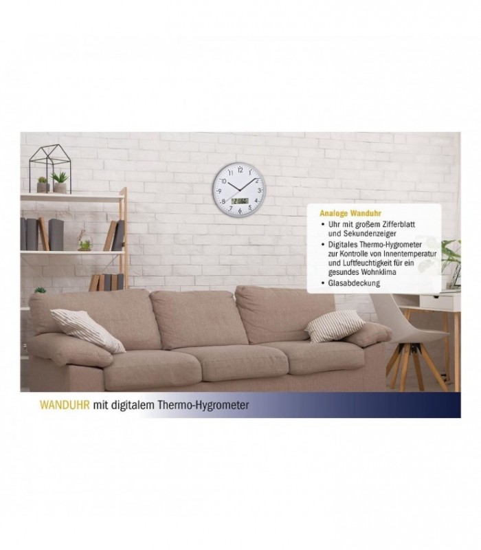 Ceas Analog Silentios De Perete – Cu Termometru Si Higrometru Digital – Alb – Tfa 60.3048.02